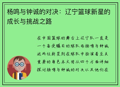 杨鸣与钟诚的对决：辽宁篮球新星的成长与挑战之路